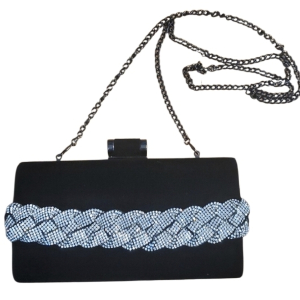 House Of Harlow 1960 Black Velvet Braided Rhinestone Formal Clutch Crossbody Bag